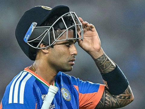 India's captain Suryakumar Yadav walks back to the pavilion after his dismissal during the T20 World Cup Super Eights match against South Africa at the Narendra Modi Stadium in Ahmedabad on February 22, 2026.