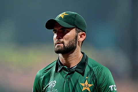 Pakistan's Shaheen Shah Afridi looks on during the 2026 ICC Men's T20 Cricket World Cup Super Eights match between England and Pakistan at the Pallekele International Cricket Stadium in Kandy on February 24, 2026.
