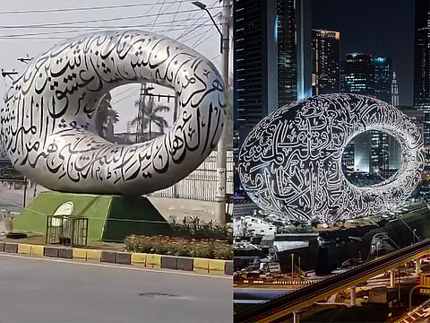 A combo image compares Dubai’s Museum of the Future with a Pakistan installation that has gone viral for its striking resemblance.