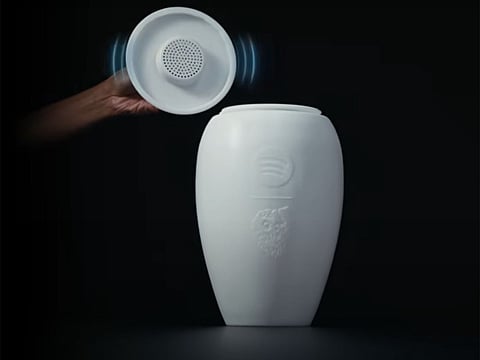 Liquid Death reveals urn with a speaker so the dead can listen to Spotify's 'Eternal Playlist'.