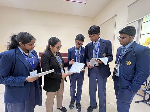 Bhavans Pearl Wisdom School, Sharjah, students discuss the Science question paper after the CBSE Class 10 exam on Wednesday.
