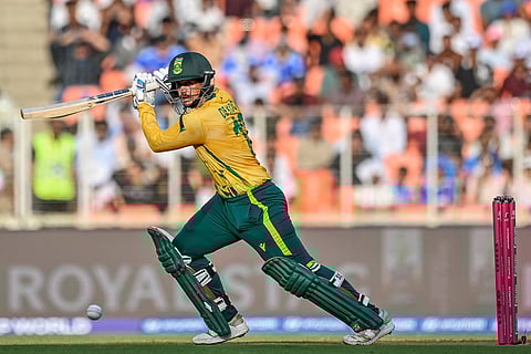 South Africa's Quinton de Kock plays a shot during the 2026 ICC Men's T20 Cricket World Cup Super Eights match between West Indies and South Africa at Narendra Modi Stadium in Ahmedabad on February 26, 2026.