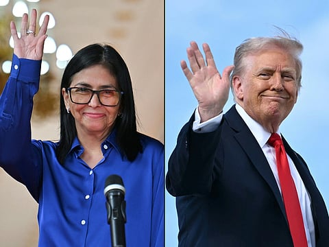 This combination of pictures created on January 21, 2026, shows Venezuela's interim President Delcy Rodriguez waving after a press conference at the Miraflores Presidential Palace in Caracas on January 14, 2026, and US President Donald Trump waving as he boards Air Force One at Joint Base Andrews, Maryland, on September 11, 2025.