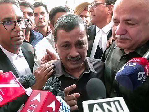 AAP Convenor and former Delhi Chief Minister Arvind Kejriwal breaks down as he speaks to the media after being discharged in the Delhi Excise Policy case, in New Delhi on Friday, February 27, 2027. Aam Aadmi Party (AAP) leader Manish Sisodia also present.