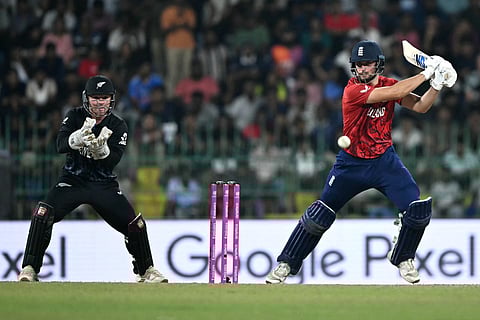 England's Will Jacks plays a shot during the 2026 ICC Men's T20 Cricket World Cup Super Eights match between England and New Zealand at the R Premadasa Stadium in Colombo on February 27, 2026.