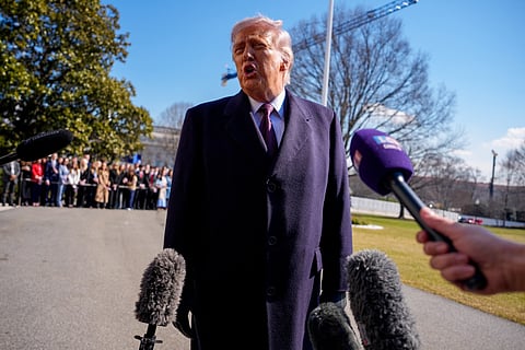 President Donald Trump speaks to members of the media before he departed on Marine One on the South Lawn of the White House on February 27, 2026 in Washington, DC.