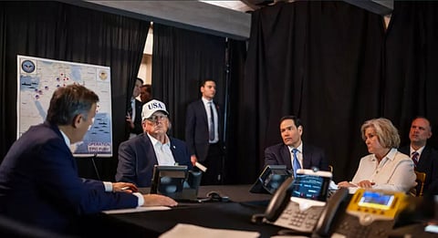 This official White House photograph shows US President Donald Trump (2L), US Secretary of State Marco Rubio (3R) and White House Chief of Staff Susie Wiles (2R) monitoring activity related to Operation Epic Fury against Iran from an unnamed location.