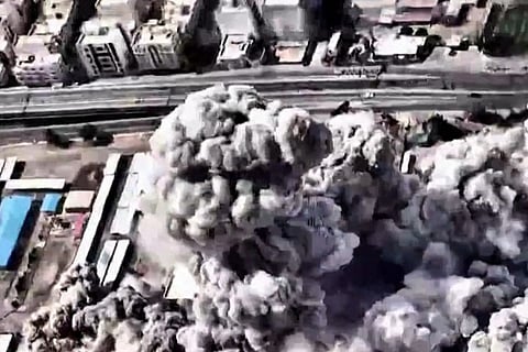 A video grab image taken from footage released by the Israeli military on March 1, 2026, shows what it says are large-scale strikes on "the headquarters of the Iranian terror regime" in Tehran on March 1.