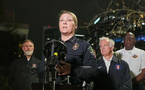 Austin Police Chief Lisa Davis provides a briefing after a shooting, Sunday March 1, 2026, near West Sixth Street and Nueces in downtown Austin, Texas.