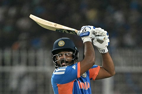 India's Sanju Samson plays a shot during the 2026 ICC Men's T20 Cricket World Cup Super Eights match between India and West Indies at the Eden Gardens in Kolkata on March 1, 2026.