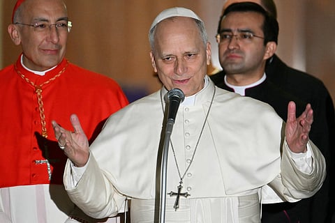 Pope Leo XIV delivers a speech after celebrating a mass and he prepares to leave at the end of a pastoral visit to the parish of the "Ascension of Our Lord Jesus Christ" in Rome on March 1, 2026.