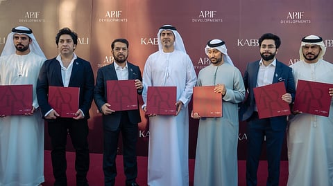 Sheikh Sultan Saqer Rashid Humaid Al Nuaimi (centre), with Humaid Mohamed Ibrahim, Adil Arif, Arif Abdul Latif, Salem Alhamed Al Hashimi, Abdullah Arif, and Omar Al Marzooqi at the launch