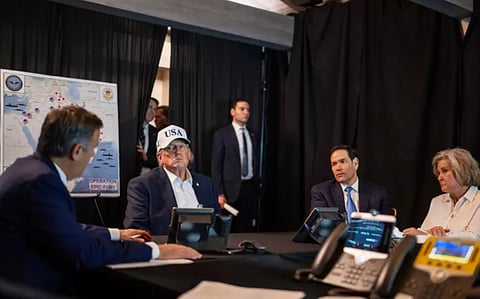 This official White House photograph shows US President Donald Trump (2L), US Secretary of State Marco Rubio (3R) and White House Chief of Staff Susie Wiles (2R) monitoring activity related to "Operation Epic Fury" against Iran from an unnamed location on Saturday, February 28, 2026.
