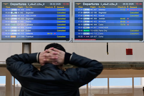 A traveler checks departure times as many flights are cancelled at Beirut Rafik Hariri International Airport in Beirut, Lebanon, Saturday, Feb. 28, 2026, as many airlines canceled flights due to the conflict involving the United States, Israel and Iran. (Picture used for illustrative purposes).