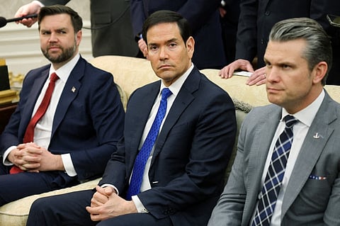 Vice President JD Vance, U.S. Secretary of State Marco Rubio and U.S. Secretary of War Pete Hegseth look on during a bilateral meeting with U.S. President Donald Trump and German Chancellor Friedrich Merz in the Oval Office of the White House on March 03, 2026 in Washington, DC. Trump and Merz are expected to discuss a range of topics including the recent U.S. and Israeli attacks on Iran and international tariffs imposed by the Trump administration.