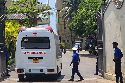 An ambulance enters Sri Lanka's southern naval head quarters in Galle on March 4, 2026, to pick up Iranian sailors rescued from Iranian frigate Iris Dena that was sunk off their island earlier in the day.