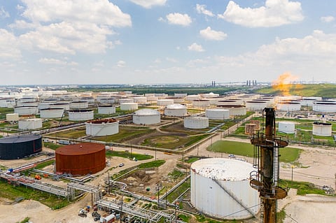 An aerial view of oil storage containers near the Chevron Pasadena Refinery on June 14, 2024 in Pasadena, Texas.