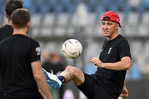 England’s Tom Banton (R) attends the training session on the eve of their 2026 ICC Men's T20 Cricket World Cup semi-final match against India at the Wankhede Stadium in Mumbai on March 4, 2026.
