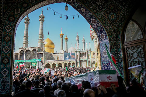 In this picture obtained from Iran's ISNA news agency on March 5, 2026, mourners in the city of Qom attend the funeral of those killed in the US-Israeli war with Iran.