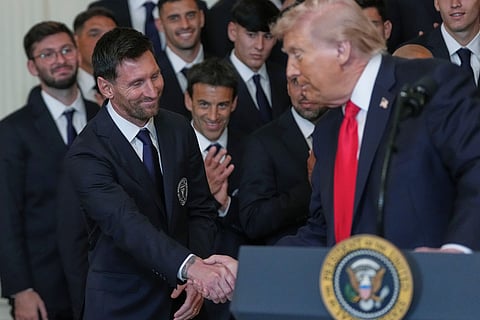 President Trump shakes hands with Lionel Messi during an event to honor the 2025 Major League Soccer champions Inter Miami