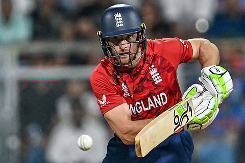 England's Jos Buttler plays a shot during the 2026 ICC Men's T20 Cricket World Cup semi-final match between India and England at the Wankhede Stadium in Mumbai on March 5, 2026.