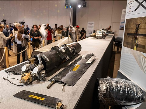 Pieces of missiles and drones recovered after Iran’s strikes are displayed during a press briefing by the UAE government held in Abu Dhabi on March 3, 2026.