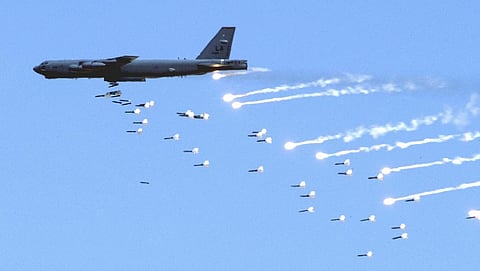 A US B-52 bomber in action. US Secretary of War Pete Hegseth warns Iran will face “death and destruction from the sky all day long.”
