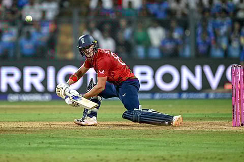 England's Jacob Bethell plays a shot during the 2026 ICC Men's T20 Cricket World Cup semi-final match between India and England at the Wankhede Stadium in Mumbai on March 5, 2026.