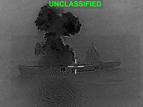 A screengrab from an infrared cam shows the Shahed Bagheri drone-carrier warship, up in flames on March 6, 2026, after just a year after it was commissioned. Iranian officials said during its February 2025 launch that the warship could travel up to 22,000 nautical miles without refuelling.