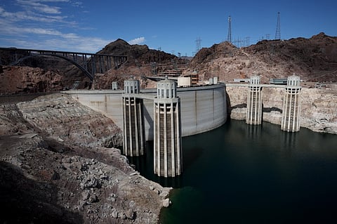A view of water intake towers at the Hoover Dam in Lake Mead National Recreation Area, Arizona. Hydropower continues to provide reliable electricity in the US, though output can vary widely depending on rainfall and snowpack. File photo taken on August 19, 2022.