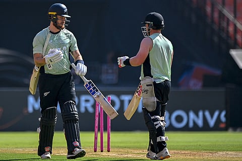 New Zealand's Finn Allen (L) and Tim Seifert attend a practice session at the Narendra Modi Stadium in Ahmedabad on March 7, 2026 on the eve of the 2026 ICC Men's T20 Cricket World Cup final match between India and New Zealand.