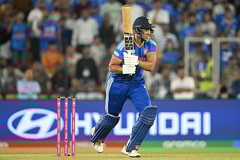 India's Shivam Dube watches the ball after playing a shot during the 2026 ICC Men's T20 Cricket World Cup final match between India and New Zealand at the Narendra Modi Stadium in Ahmedabad on March 8, 2026.