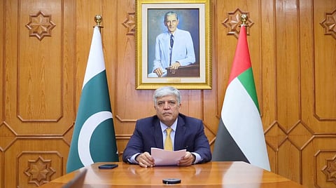 Screen grab of video of Pakistan Ambassador to UAE Shafqat Ali Khan addressing the Pakistani community in UAE