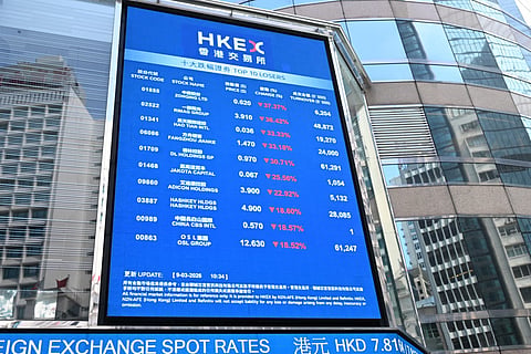 An electronic sign board showing stock prices is seen outside the Hong Kong Exchanges and Clearing (HKEX) building in Hong Kong. File photo taken on March 9, 2026.