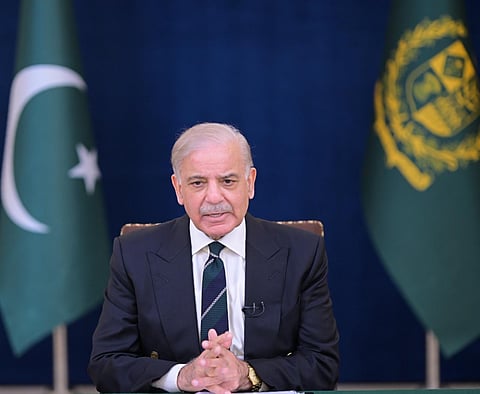 Pakistan Prime Minister Shehbaz Sharif announces austerity measures during a television address on Monday