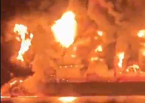 A screengab of a video shared on X, supposedly showing one of the two oil tankers attacked near Iraq, which killed at least one crew member, an Indian national, as Iran pressed a campaign aimed at disrupting global energy markets in retaliation for US and Israeli strikes.