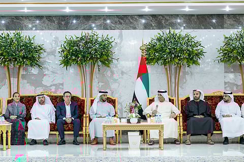 His Highness Sheikh Saud bin Saqr Al Qasimi, Supreme Council Member and Ruler of Ras Al Khaimah, speaking to senior media professionals at the Iftar he hosted on March 11.