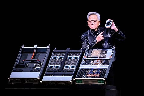 Nvidia CEO Jensen Hwang introduces Vera Rubin, a next-generation AI data center platform, and Rubin Ultra, a next-generation AI GPU architecture, during the keynote address at the company's annual GTC developers conference in San Jose, California, on March 16, 2026.