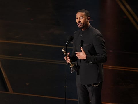 Michael B. Jordan accepts the Actor in a Leading Role award for "Sinners" onstage during the 98th Oscars at Dolby Theatre on March 15, 2026 in Hollywood, California.