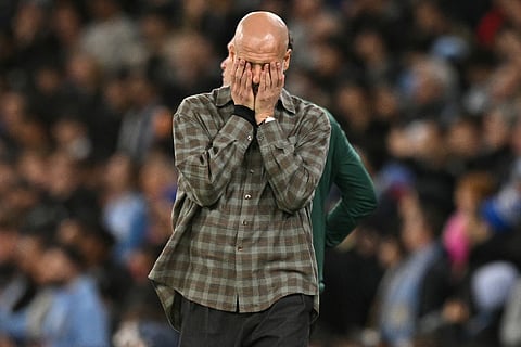 Pep Guardiola looked distraught after his team were knocked out of the Champions League