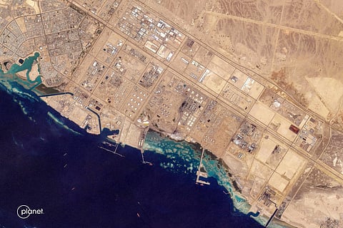 This handout satellite image taken by 2026 Planet Labs PBC shows the oil infrastructure at Saudi Arabia's western Red Sea port of Yanbu on March 4, 2026.