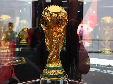 The official World Cup trophy is displayed during its presentation within the FIFA World Cup 2026 Trophy Tour at BBVA Stadium in Guadalupe, Nuevo Leon, Mexico on March 14, 2026.
