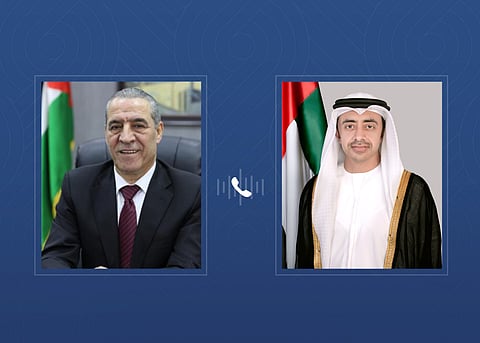 Sheikh Abdullah bin Zayed Al Nahyan, Deputy Prime Minister and Minister of Foreign Affairs of the UAE and Hussein Al Sheikh, Vice President of the State of Palestine.