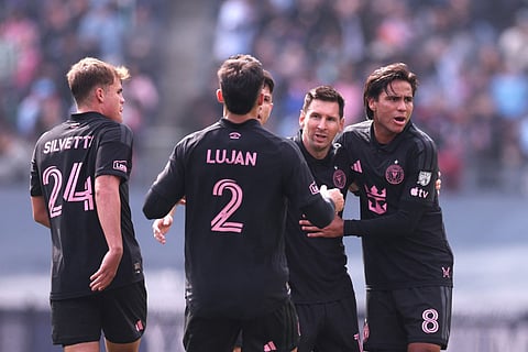Lionel Messi #10 of Inter Miami CF celebrates with teammates after scoring the team's second goal during the MLS match between New York City FC and Inter Miami CF at Yankee Stadium on March 22, 2026 in New York, New York.