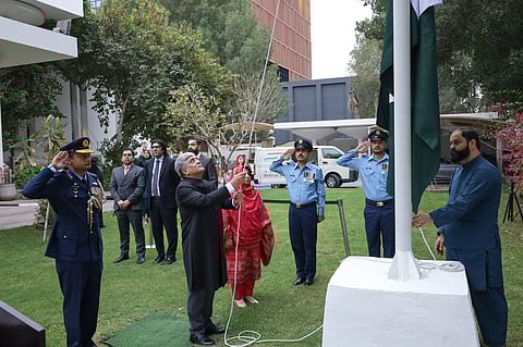 Pakistan Ambassador Shafaqat Ali Khan at the flag hoisting ceremony to mark Pakistan Day on Monday, March 23.