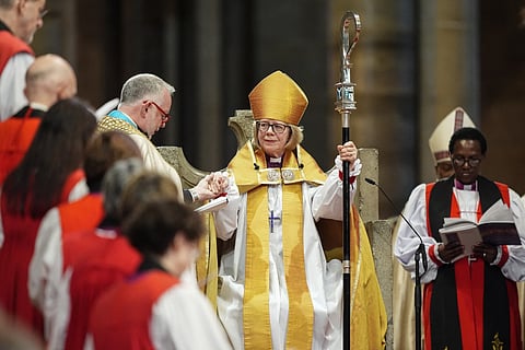 Archbishop of Canterbury Sarah Mullally looks on during her installation ceremony at Canterbury Cathedral, south-east England on March 25, 2026.