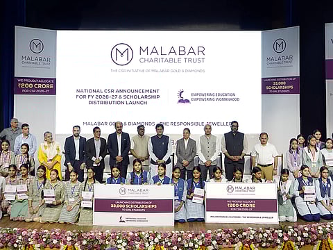 Piyush Goyal - India Union Minister of Commerce and Industry, M P Ahammad – Chairman, Malabar Group, Asher O - Managing Director - India Operations, Malabar Gold & Diamonds, Kirit Bhansali – Chairman GJEPC at the unveiling of Malabar Gold & Diamonds' CSR initiative for FY 2026 -27 along with other respected dignitaries and scholarship recipients.