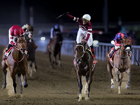 Jockey Jose Ortiz wins Race 9 during the Dubai World Cup horse race in Dubai on March 28, 2026.
Photo: Virendra Saklani/Gulf News