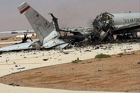 This UGC image posted on social media on March 29, 2026 and verified by AFP staff appears to show a destroyed US Air Force Airborne Warning and Control System (AWACS) aircraft, primarily used for air traffic control, in the aftermath of a projectile strike at Prince Sultan Airbase in Saudi Arabia.