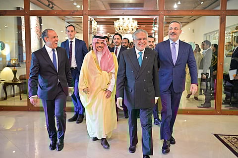 Pakistan Deputy Prime Minister and Foreign Minister Ishaq Dar with Foreign Ministers of Suadi Arabia, Egypt and Türkiye in Islamabad on Sunday